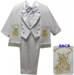 BOYS TUXEDO W/ BROCADED VEST & SCARF AND ANGEL ON THE BACK (WHT/GOLD)